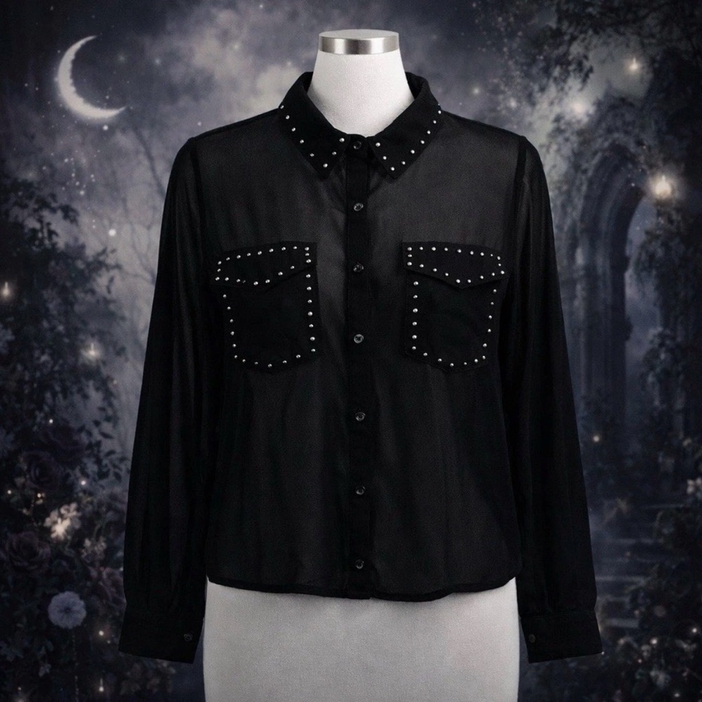 Wild Fable Whimsygoth BLACK Sheer Button Up XL Studded Gothic Fairy Romantic Top